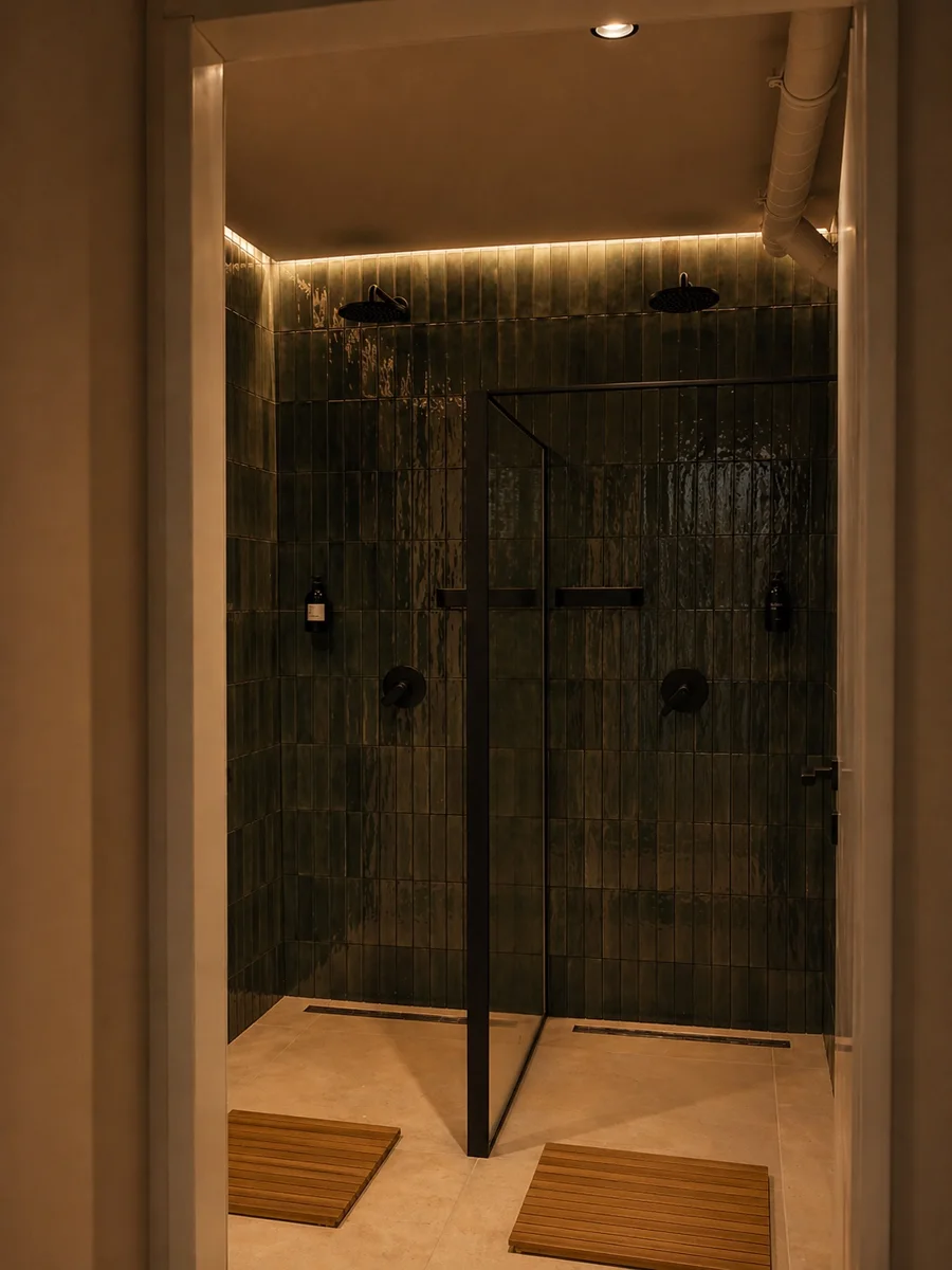 The studio showers with green tiles and warm lighting